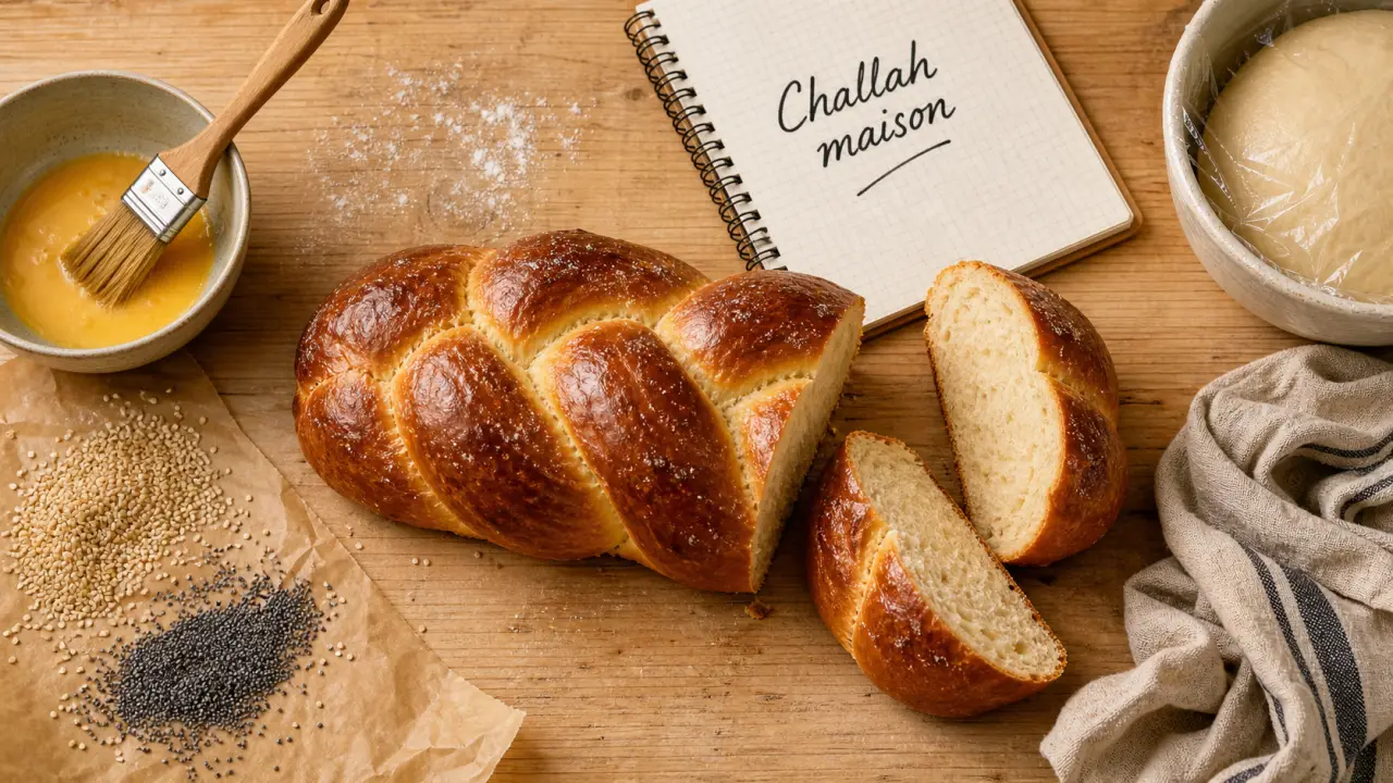 Challah moelleuse dorée, tressage à 3 brins et dorure à l’œuf