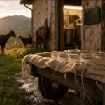 Ferme de fromage de chevre : charrette, fromage frais et atelier de transformation