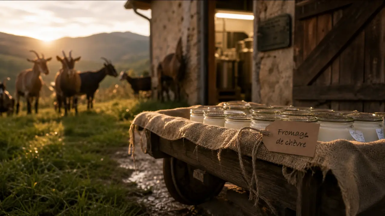 Ferme de fromage de chevre : charrette, fromage frais et atelier de transformation