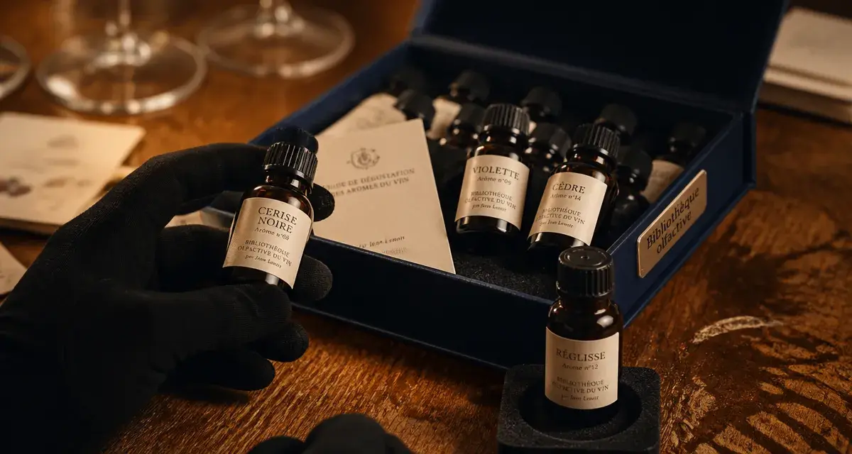 Aromes du vin coffret ouvert, flacons de dégustation