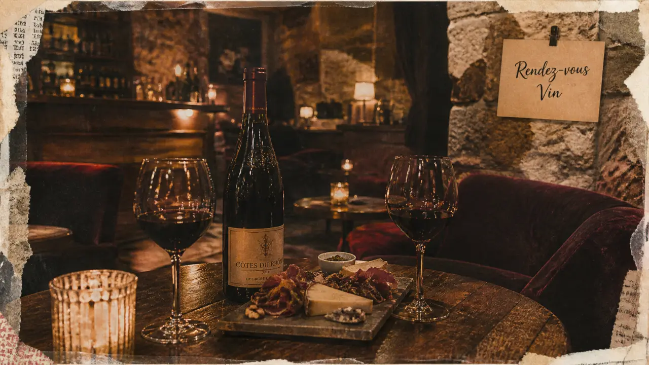 Bar à vin romantique à Paris, lumière douce et tables calmes