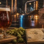 Brasserie artisanale des 4 pays : verre de bière ambrée, malt et houblon sur planche en chêne