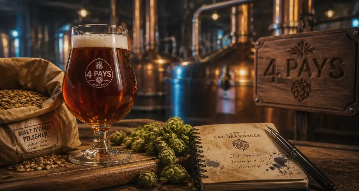 Brasserie artisanale des 4 pays : verre de bière ambrée, malt et houblon sur planche en chêne