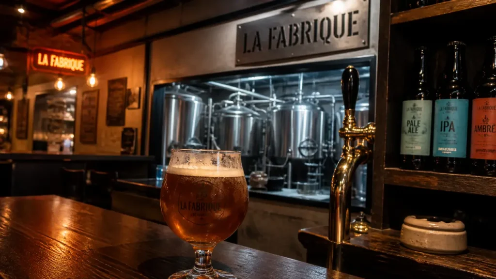 Brasserie artisanale la fabrique : verre tulipe bière ambrée en salle de dégustation, industriel rétro à Montélimar