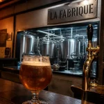 Brasserie artisanale la fabrique : verre tulipe bière ambrée en salle de dégustation, industriel rétro à Montélimar