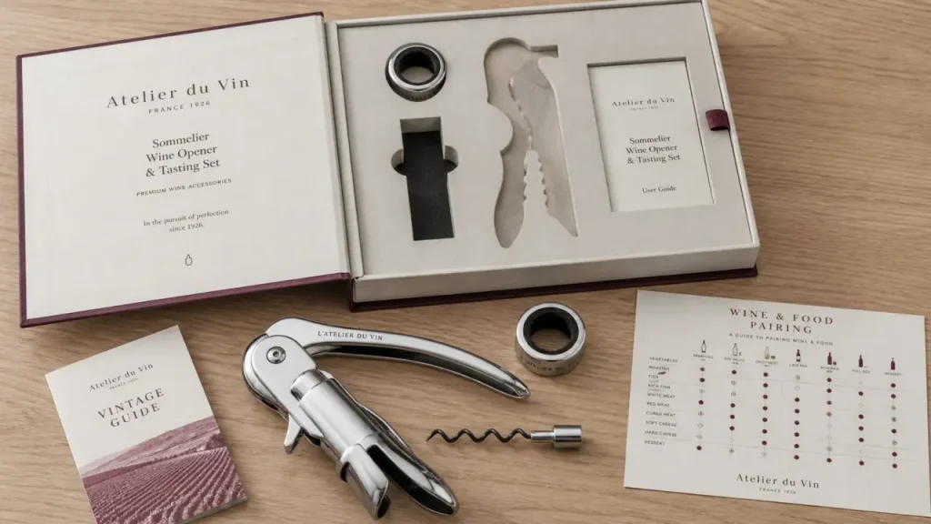Coffret sommelier atelier du vin : tire-bouchon à levier, Wine Ring et guide des millésimes