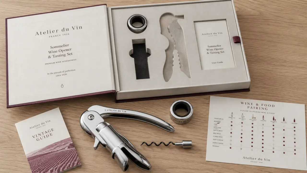 Coffret sommelier atelier du vin : tire-bouchon à levier, Wine Ring et guide des millésimes