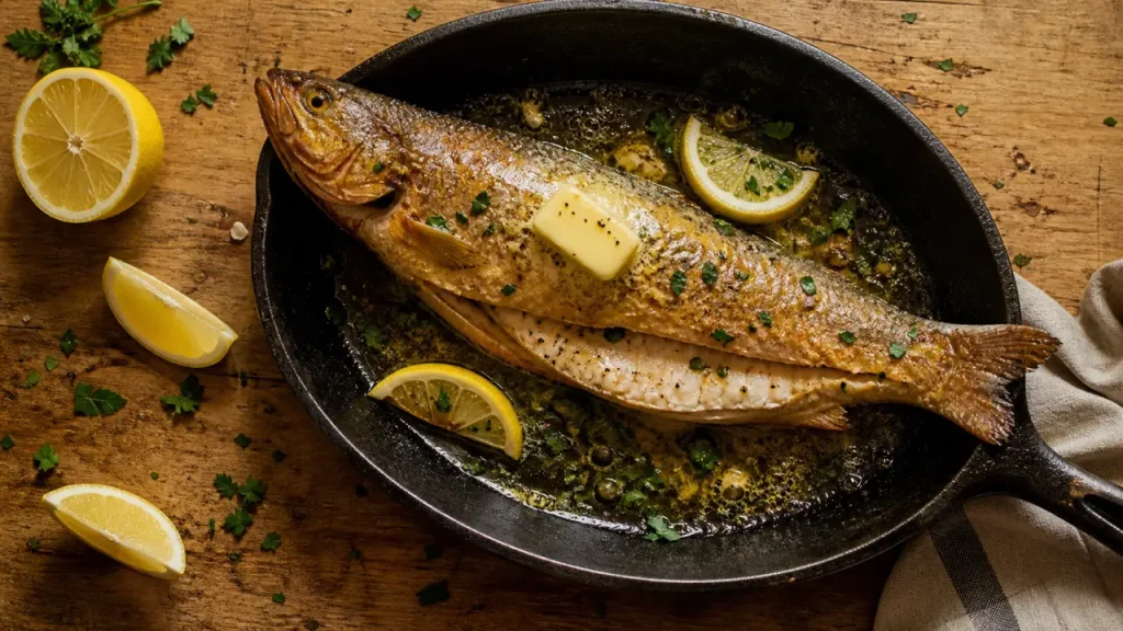 Cuisson truite poele au beurre citron, truite dorée
