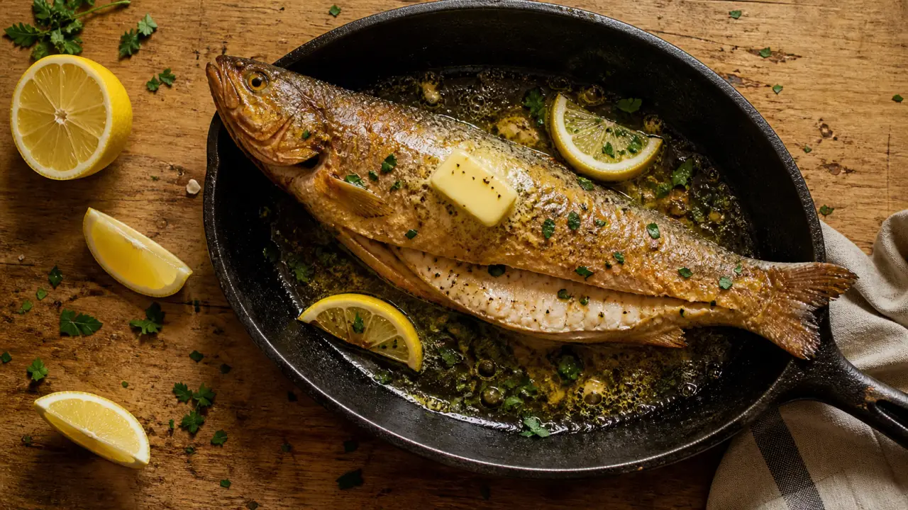 Cuisson truite poele au beurre citron, truite dorée