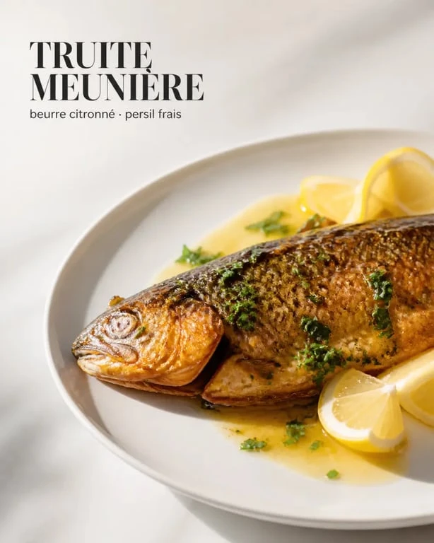 Cuisson truite poele : truite meunière dorée servie avec beurre citronné et quartiers de citron