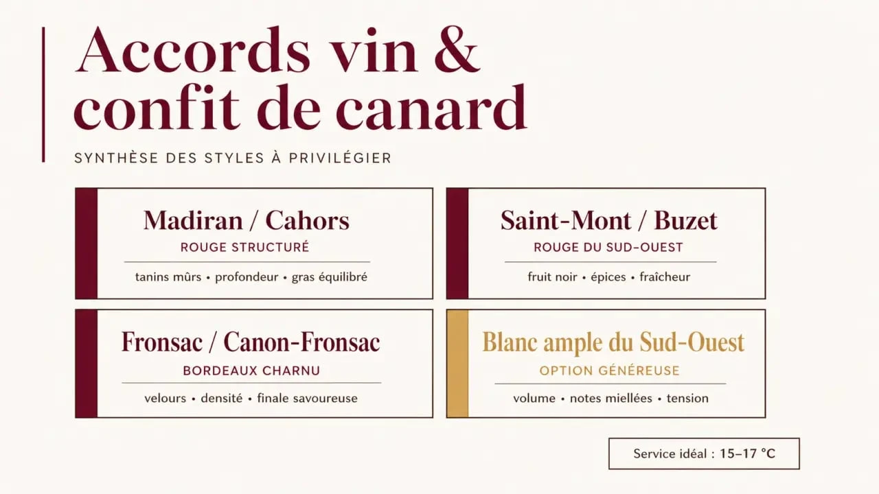 Quel vin avec un confit de canard : visuel de synthèse des meilleures appellations et styles à privilégier