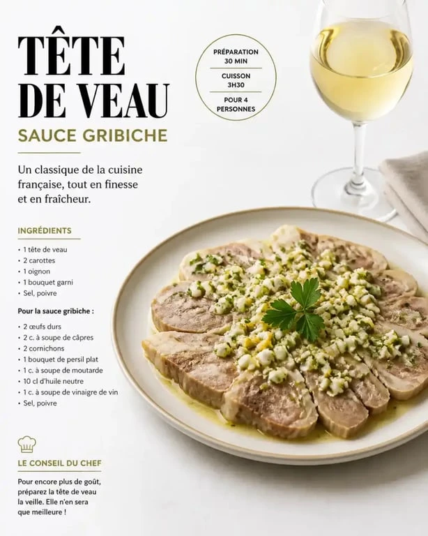 Assiette de tête de veau sauce gribiche accompagnée d'un verre de vin blanc sec pour un accord mets-vin réussi