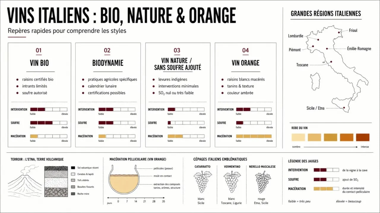 Comparatif du vin nature italien entre bio, biodynamie, sans soufre et vin orange