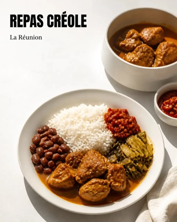 Restaurant île de la Réunion : cari créole, riz, grains et rougail servis dans une ambiance locale