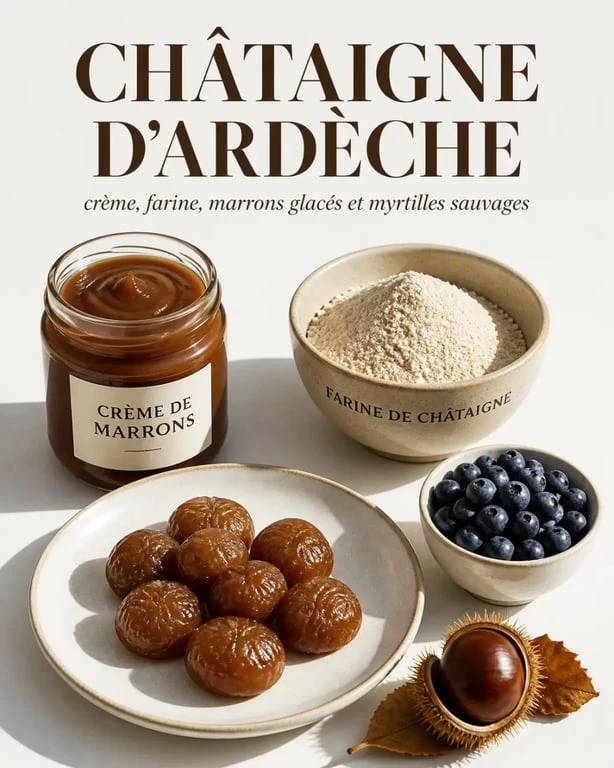 Spécialité ardèche : desserts à la crème de marrons, marrons glacés et farine de châtaigne