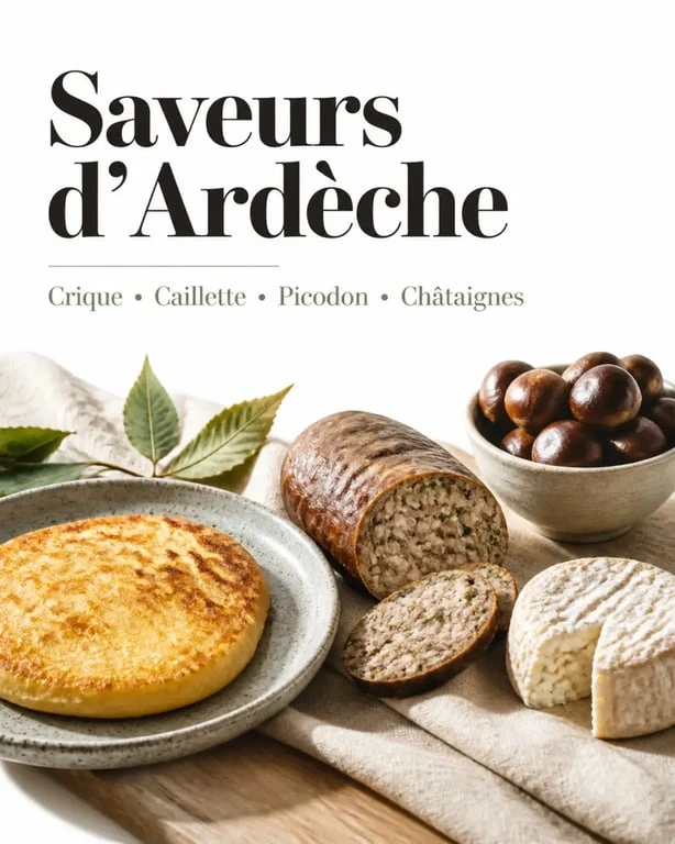 Spécialité ardèche : étal de marché avec crique, caillette, picodon et châtaignes