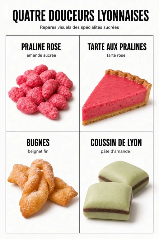 Spécialité lyonnaise sucré : comparaison visuelle de la praline rose, de la tarte aux pralines, des bugnes et du coussin de Lyon