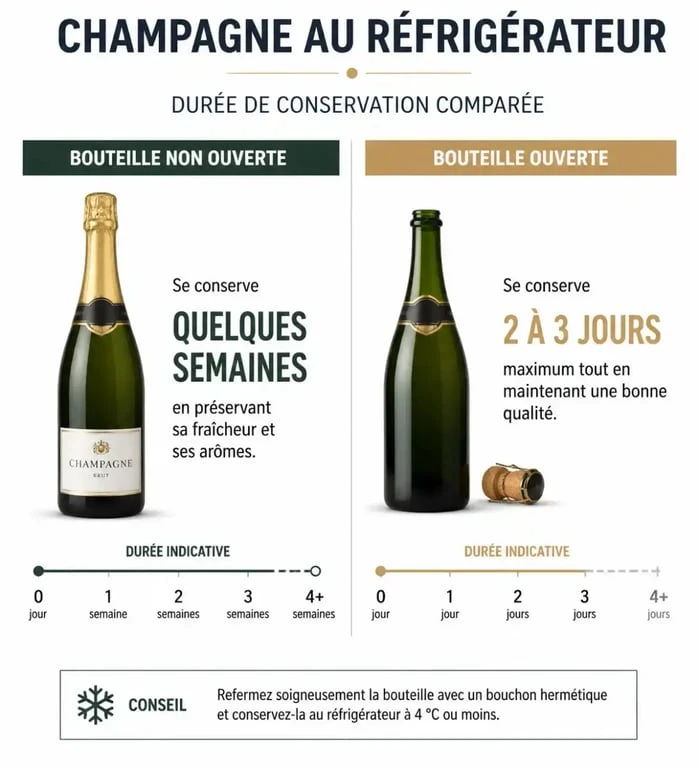Durée de conservation du champagne au frigo : bouteille ouverte ou non ouverte