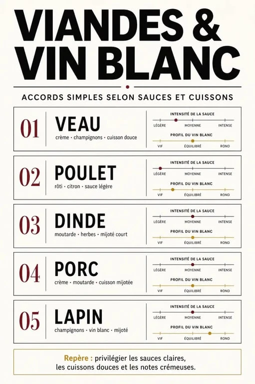 Quelle viande cuisiner avec du vin blanc : tableau visuel des viandes recommandées et sauces associées