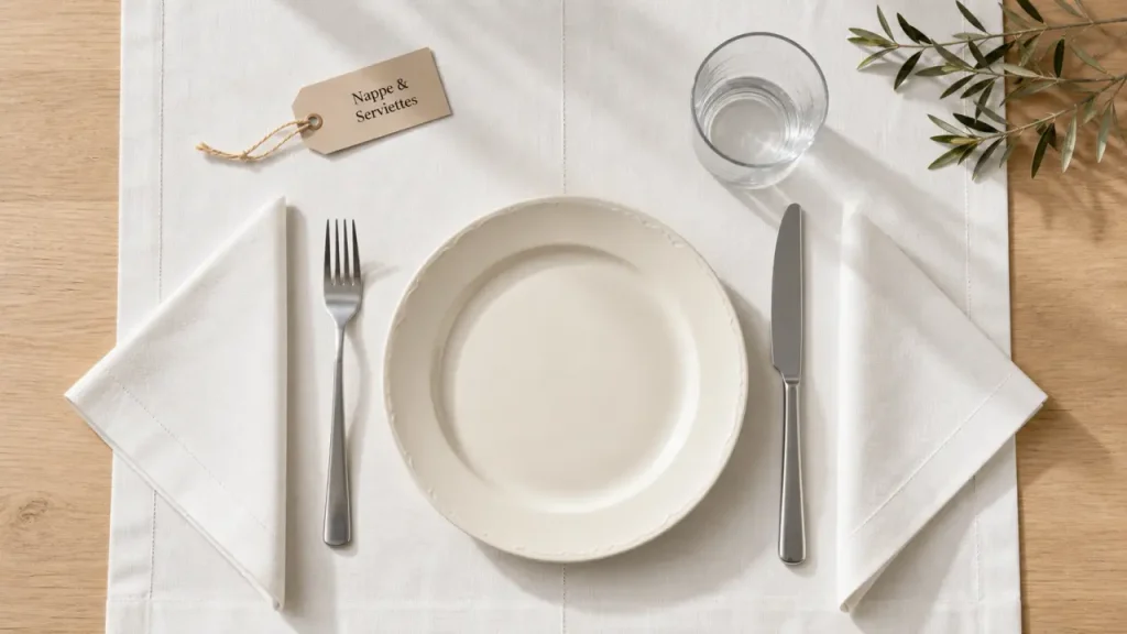 Nappe de table et serviette assorties coton, lin ou enduite sur table en bois clair.