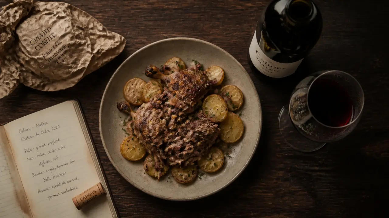 Quel vin avec un confit de canard : rouge du Sud-Ouest, bouteille et confit de canard