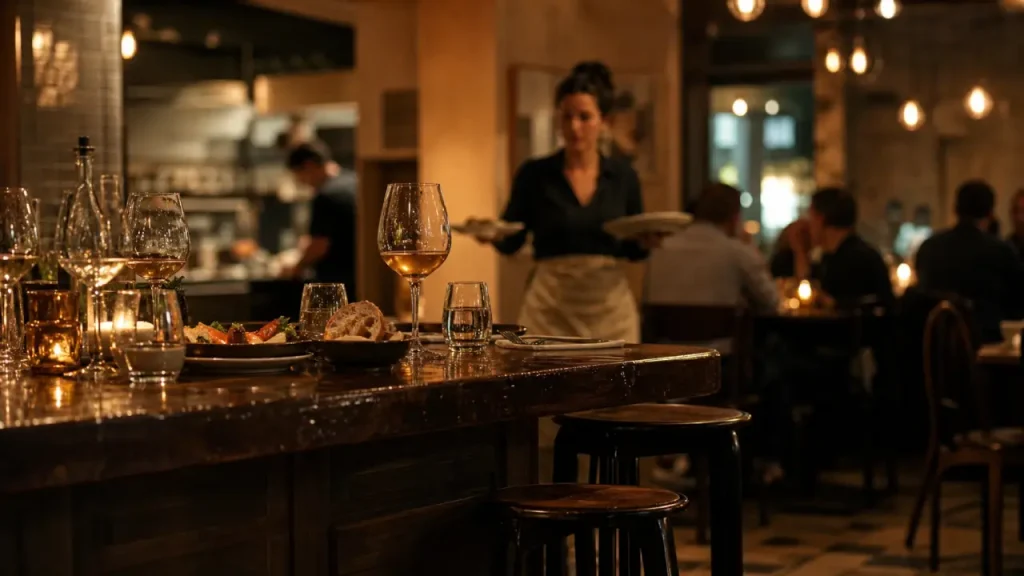 Restaurant comptoir cuisine Bordeaux : comptoir, tabourets et assiettes à partager, salle chaleureuse