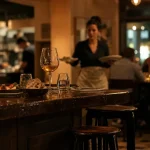 Restaurant comptoir cuisine Bordeaux : comptoir, tabourets et assiettes à partager, salle chaleureuse