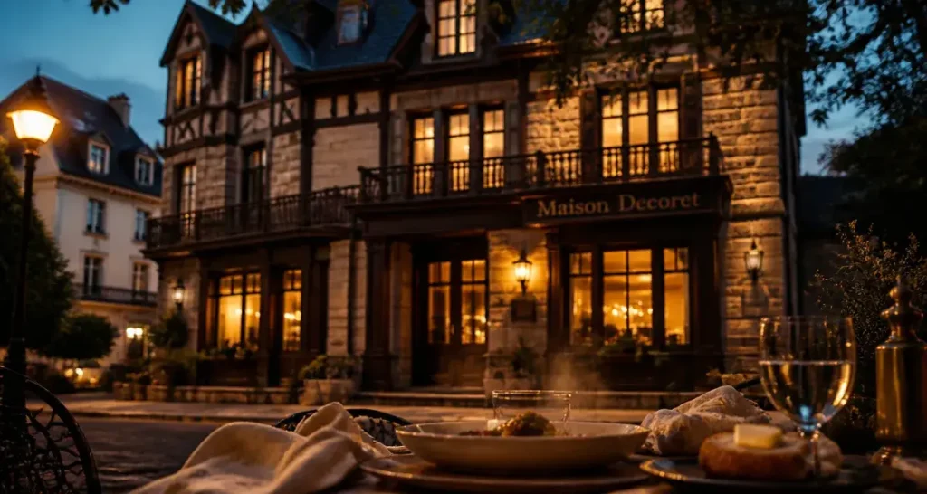 Restaurant décoré vichy Maison Decoret à Vichy, façade au golden hour