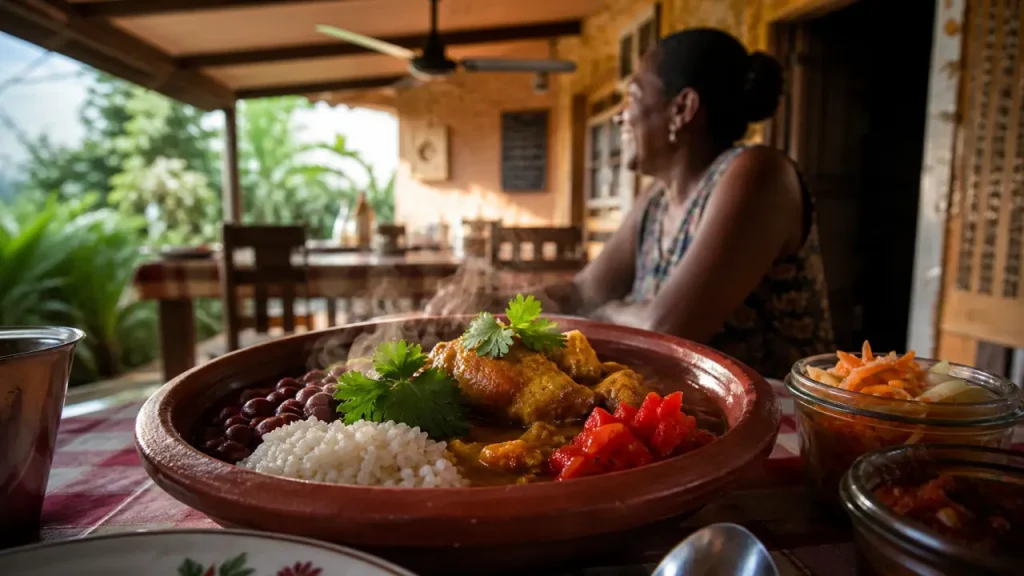 Restaurant ile de la reunion : cari créole fumant sur table d’hôtes