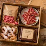Spécialité lyonnaise sucré : praline rose, bugnes, coussin de Lyon