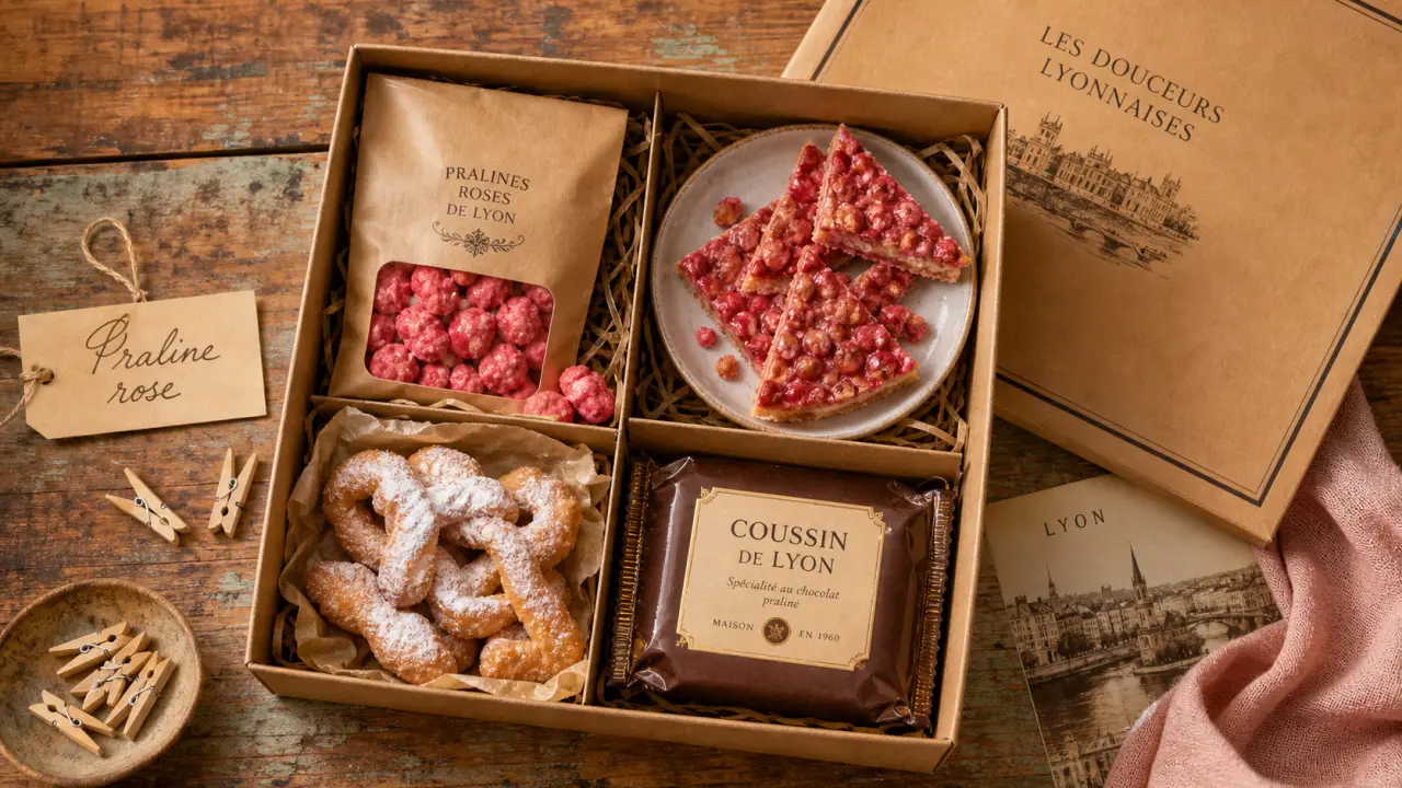 Spécialité lyonnaise sucré : praline rose, bugnes, coussin de Lyon