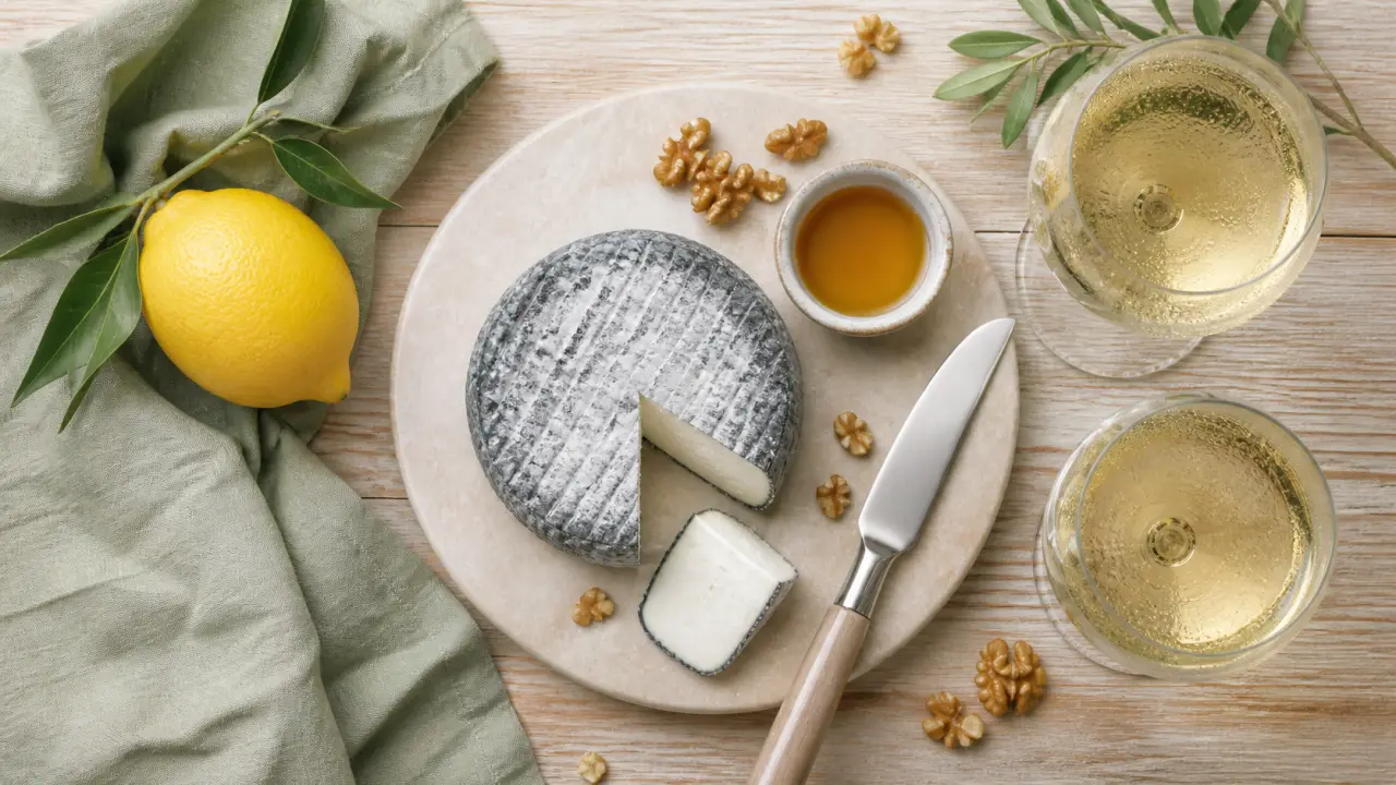 Vin avec fromage de chèvre, blanc sec sur planche