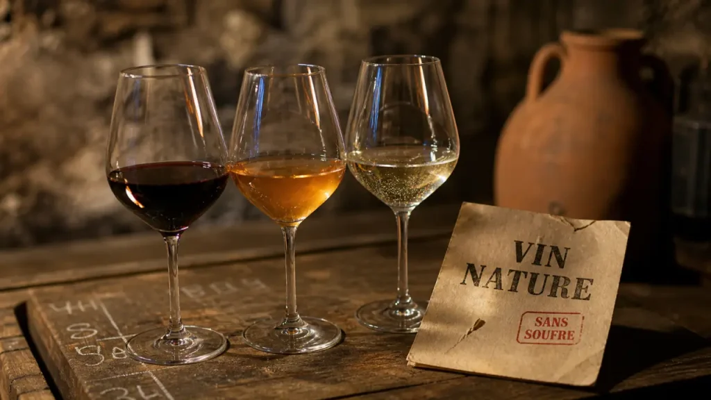 Vin nature italien : verres et bouteille artisanale, sans soufre