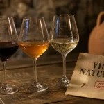 Vin nature italien : verres et bouteille artisanale, sans soufre
