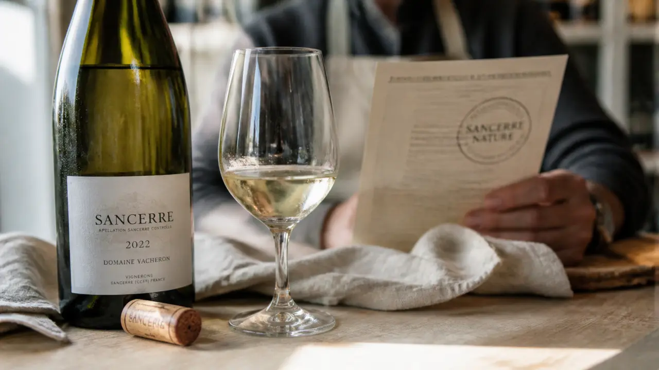 Vin nature sancerre, bouteille et verre sur table en lin, “Sancerre Nature” sur une carte