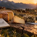 Comment organiser un voyage gastronomique a la decouverte des fromages regionaux europeens : planche de fromages régionaux en alpage, golden hour