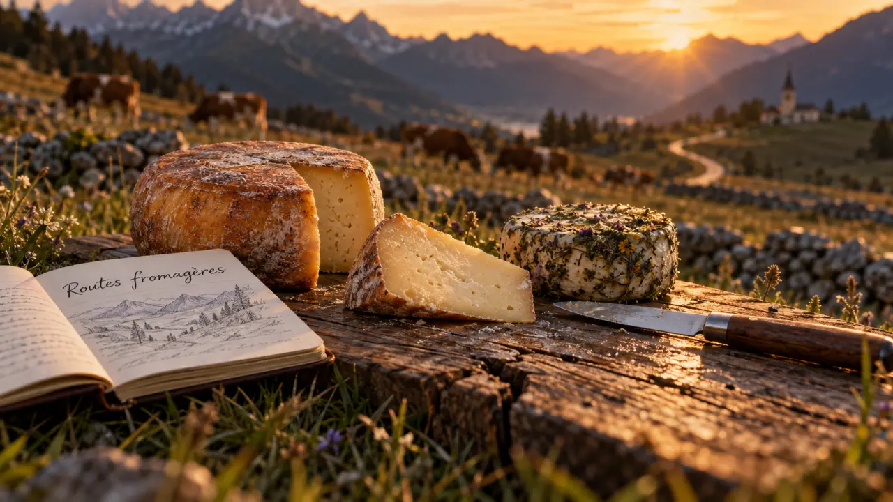 Comment organiser un voyage gastronomique a la decouverte des fromages regionaux europeens : planche de fromages régionaux en alpage, golden hour