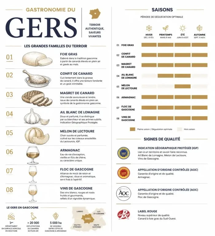 Infographie sur la gastronomie du Gers, ses spécialités, produits du terroir et boissons