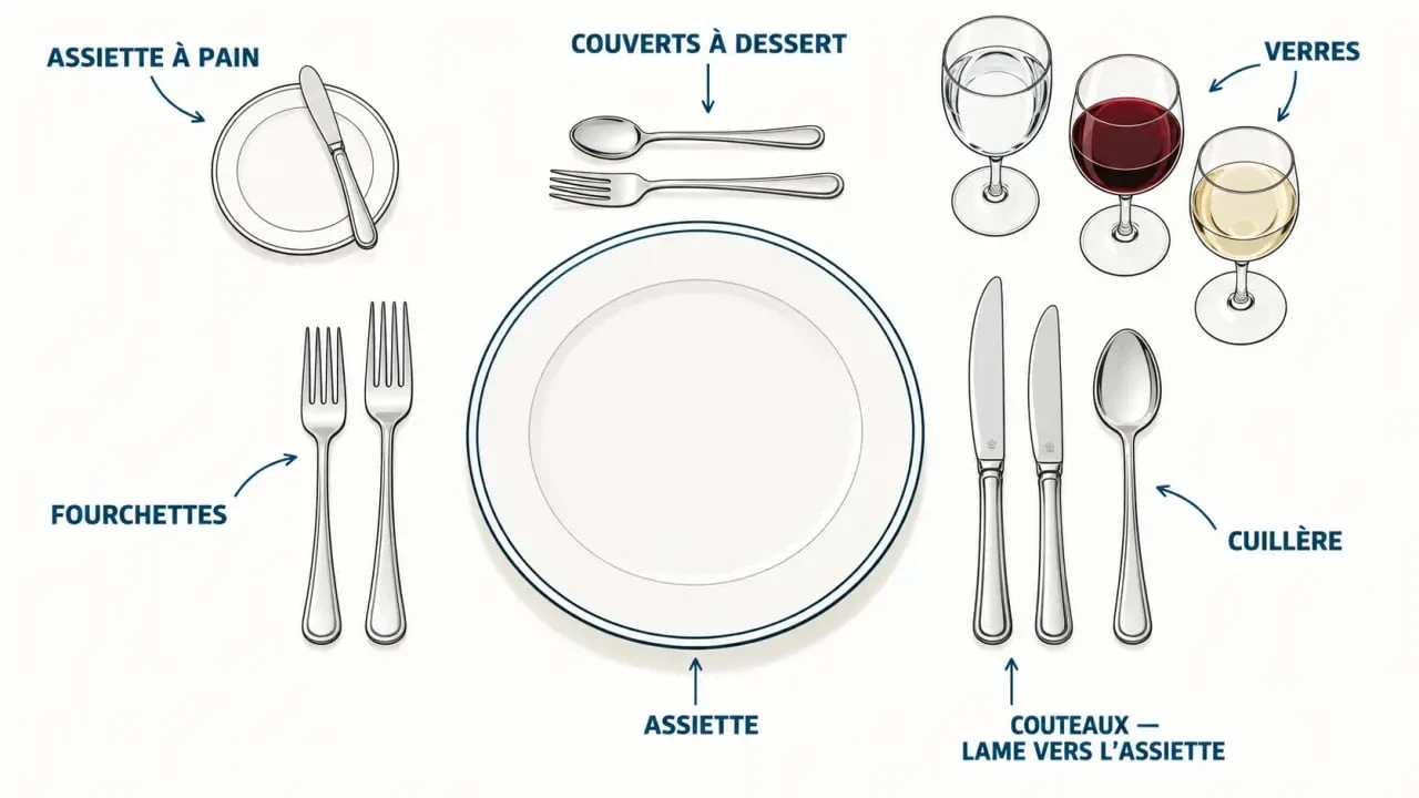 Disposition couvert table : schéma annoté de la place des fourchettes, couteaux, cuillère, verres et assiette à pain