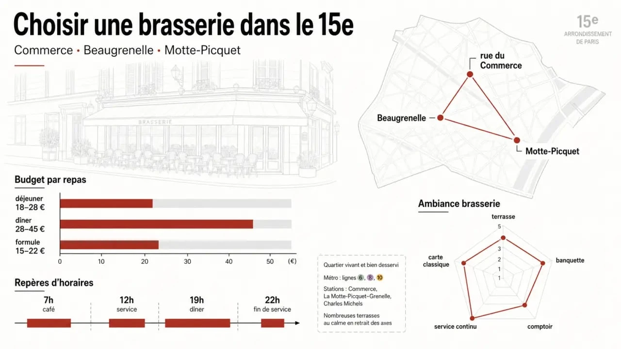 Brasserie 15eme à Paris : repères de budget, horaires et quartiers pour choisir une adresse