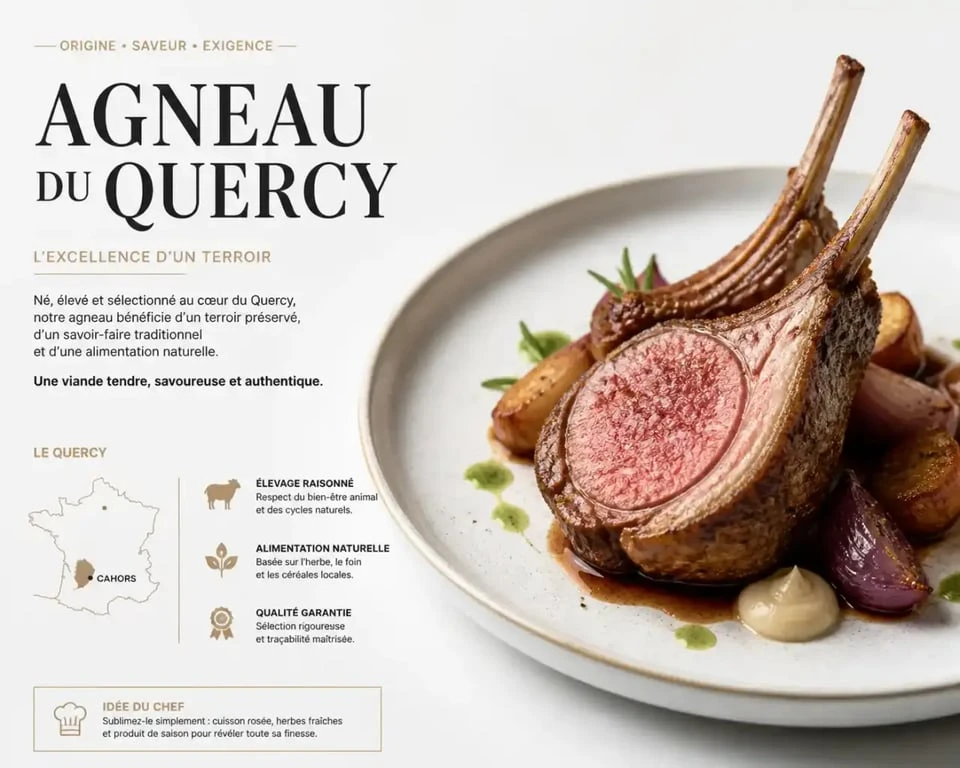 Plat gastronomique d'agneau du Quercy dans un restaurant du Lot