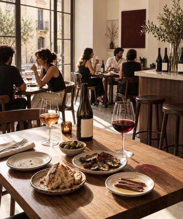 Bar à vin nature à Barcelone avec verres et tapas
