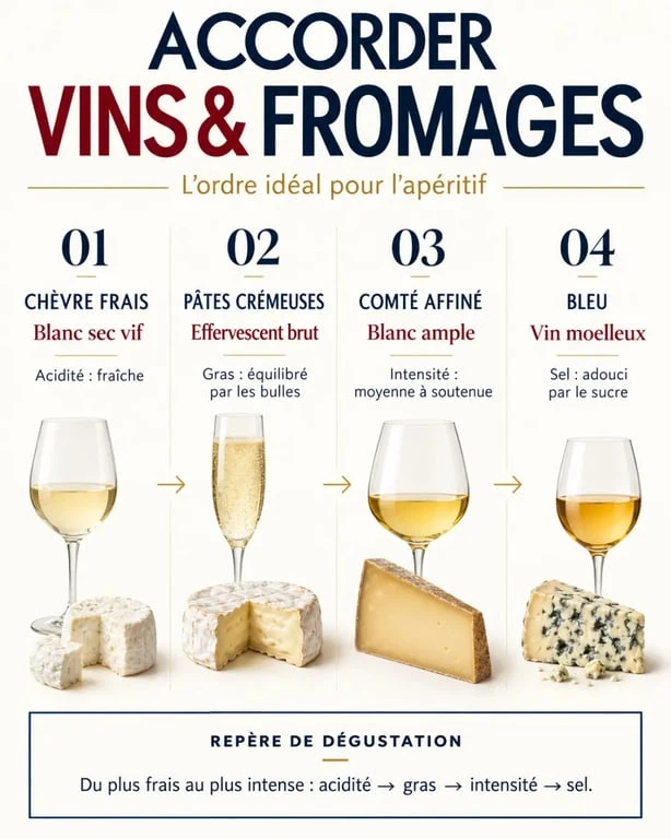 Guide pour accorder les vins et les fromages pour un apéritif, présenté sous forme d'infographie
