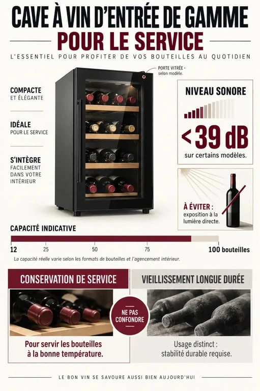 Infographie Vin sur Vin cave : capacité, bruit, porte vitrée et usage de service