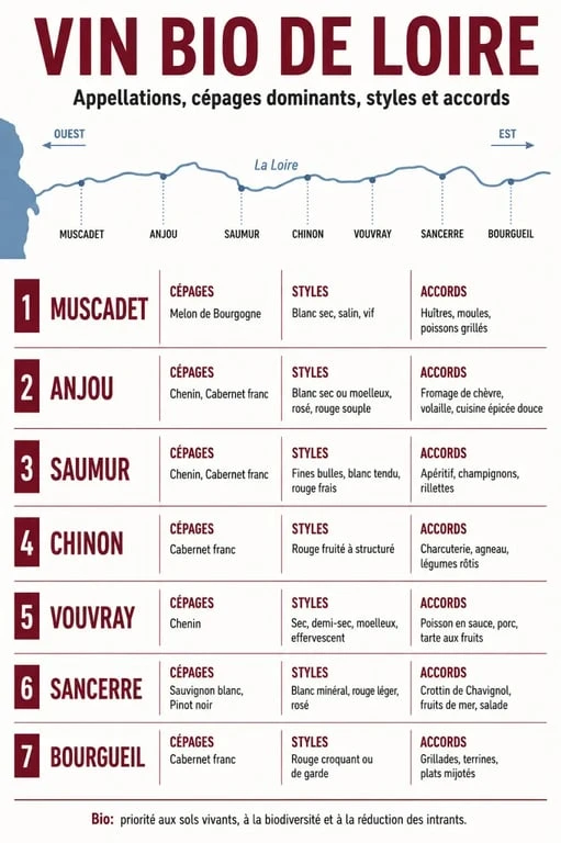 Infographie vin bio loire avec appellations, cépages, styles et accords mets-vins