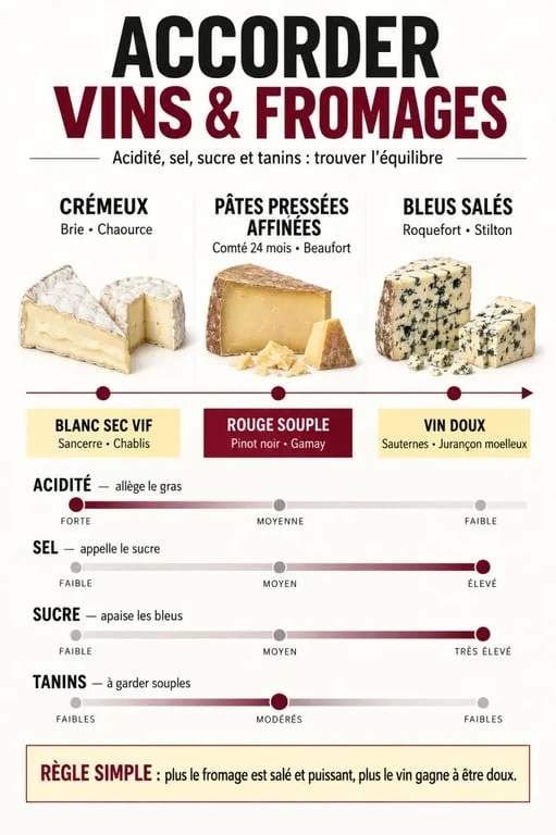 Infographie pour comprendre comment associer les vins et les fromages de caractère selon leur intensité