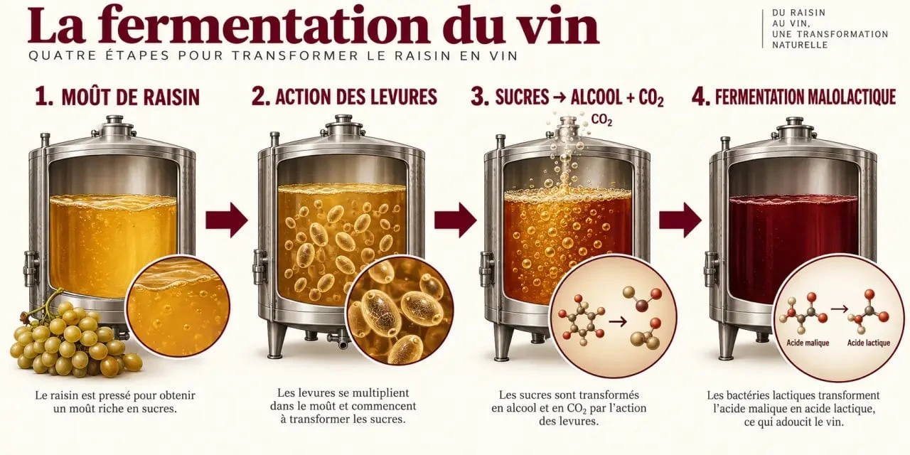 Schéma du processus de fermentation vinique, de l'action des levures à la fermentation malolactique