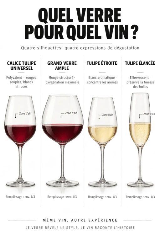 Infographie sur les formes de verre dégustation vin selon le type de vin