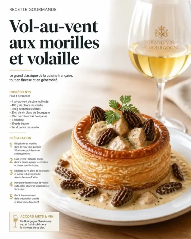 Vol-au-vent aux morilles et verre de vin blanc pour un accord mets-vins réussi