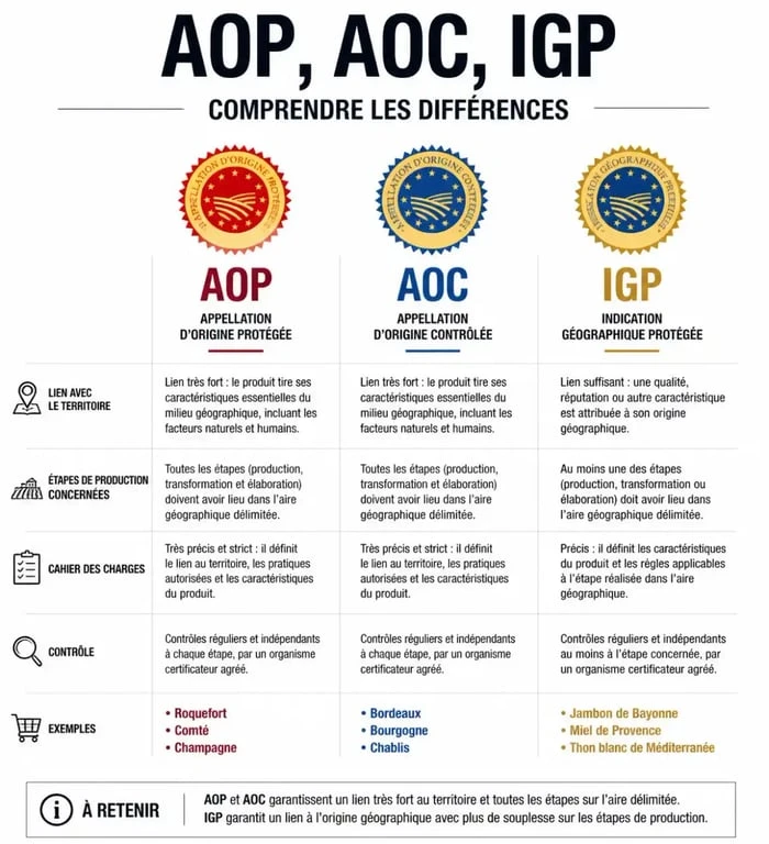 Schéma comparatif des sigles AOP, AOC et IGP pour comprendre le système des appellations d'origine régionales en Europe